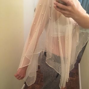 Karl Lagerfeld white pearl mesh cape shawl top